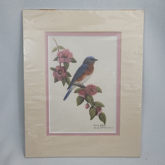 Nancy Zittrain Bluebird With Flowers Print With Mat SIGNED NUMBERED - Picture 1 of 16